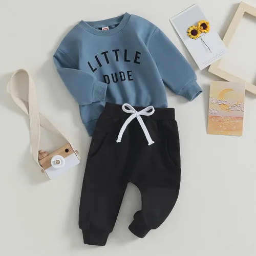 Vista 16 de Conjunto de 2 piezas de sudadera con estampado de letras y cuello redondo para bebé niño