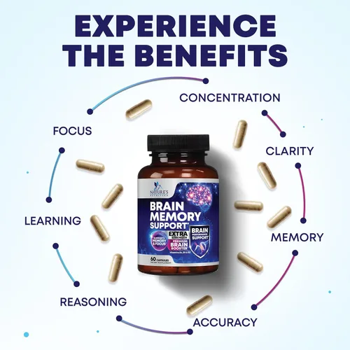 Vista 5 de Píldoras de suplemento de memoria cerebral, nootrópicos de fuerza 3X para concentración, claridad y apoyo de enfoque, salud cerebral, vitaminas