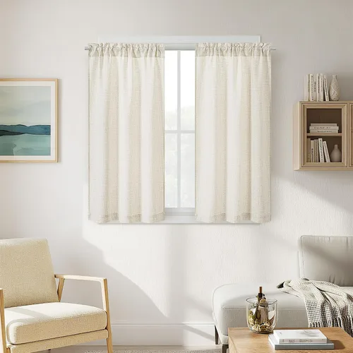 Vista 62 de Cortinas de cocina de lino semitransparente beige de 24 pulgadas de largo, 2 paneles Cream, Cafe Short Curtains, for Bathroom Small Windows, Light