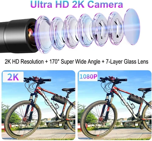 Vista 5 de VSYSTO Cámara de bicicleta, WiFi 2K con pantalla de temperatura, luz trasera, visión nocturna gran angular de 170°, lente SONYIMX335, impermeable