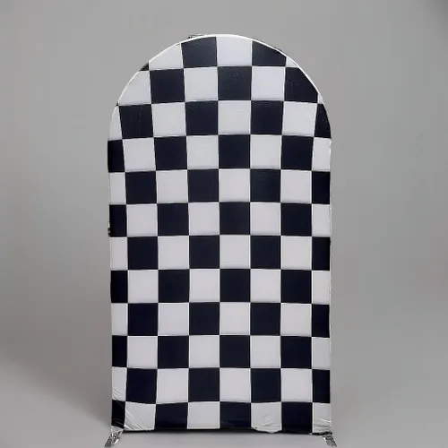 Vista 2 de Fundas de fondo de arco con textura de cuadros blancos y negros, bandera a cuadros de 2.5 x 6 pies, fondo de pared elástico para fotografía