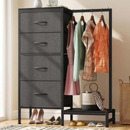 Vista 14 de HIGDBFE Cómoda alta de 44 pulgadas de alto con estante para colgar, cómoda pequeña de 4 cajones para dormitorio, cómoda de tela reversible