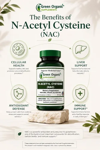 Vista 3 de Suplementos orgánicos verdes N-acetil cisteína (NAC) 700 mg Apoya la producción de glutatión, actividad antioxidante y salud celular 90 cápsulas