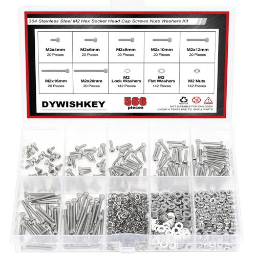 Vista 20 de DYWISHKEY - Juego de 566 piezas M2x 4/6/8/10/12/16/20mm tornillos de cabeza de botón, kit de tuercas y arandelas, tornillos M2, acero inoxidable 304