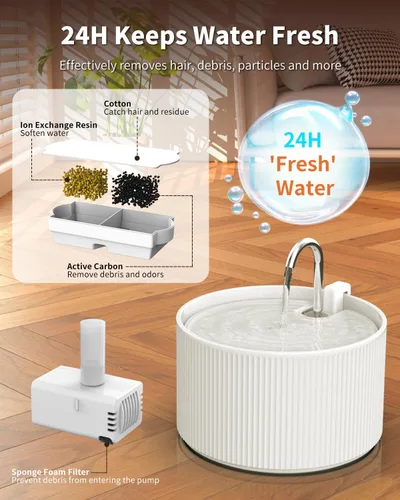 Vista 4 de Bomba de fuente de cerámica para gatos para fuente de agua de cerámica para mascotas de 2.2L, bomba ultra silenciosa con puerto USB