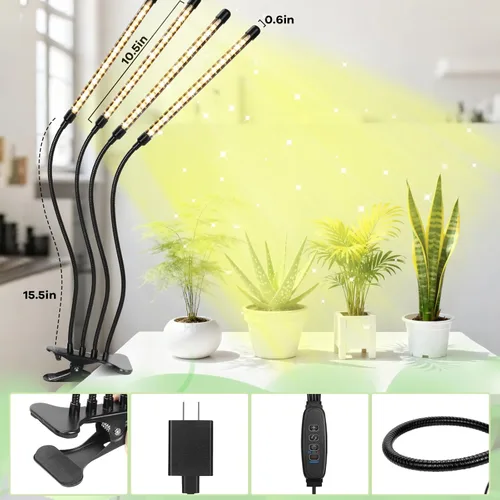 Vista 2 de Luces LED de cultivo, luz de planta de espectro completo con 4 cabezas y abrazadera para plantas de interior y arranque de semillas, 10 niveles