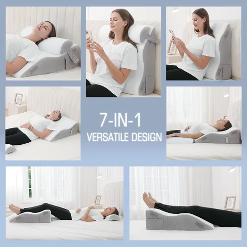 Vista 3 de 2 almohadas de cuña de cama para dormir, 7 en 1 almohada ajustable de espuma viscoelástica para reflujo ácido, almohada de cuña inclinada 2 en 1