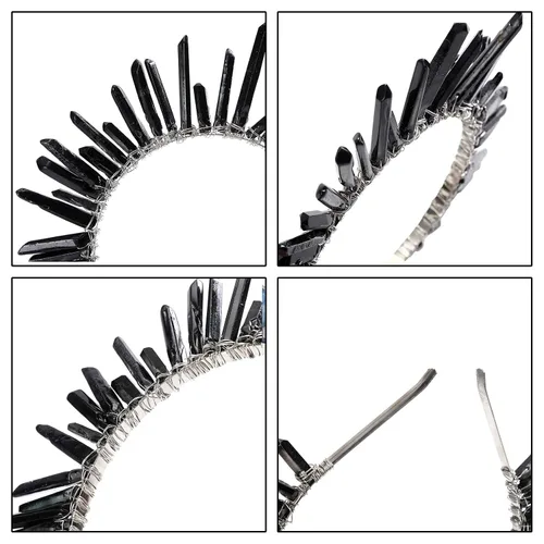 Vista 6 de HAIMEIKANG Diadema de corona de cuarzo de cristal crudo, hecha a mano, tiara de piedra natural, diadema para mujer, boda y fiestas, Vidrio