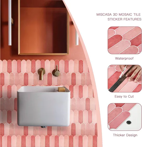 Vista 4 de Azulejos Rosas para Salpicaduras de Cocina de Despegar y Pegar, Azulejos Autoadhesivos 3D Rosa Brillantes con Diseño de Plumas de Pavo Real