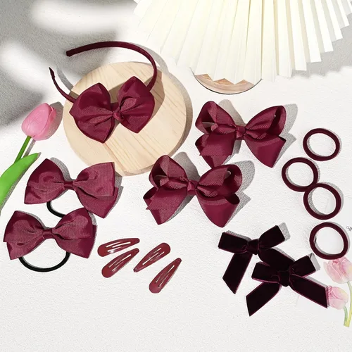 Vista 5 de DEEKA Juego de accesorios para el cabello de uniforme burdeos, 15 piezas, lazos para el pelo, pinzas para el cabello, diadema, lazos para el cabello