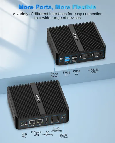 Vista 4 de FANPEEC Mini PC sin ventilador N100 8GB DDR4 128GB MSATA SSD, PC industrial Win11 Pro/Linux, pantalla triple 4K, 2xLAN, 4xUSB, WiFi6 BT5.2, TPM2.0