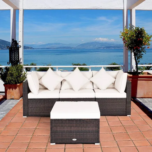 Vista 3 de HAPPYGRILL Juego de sofá de mimbre para patio de 4 piezas, moderno juego de sofá modular con cojines y almohadas lavables, juego de muebles de ratán