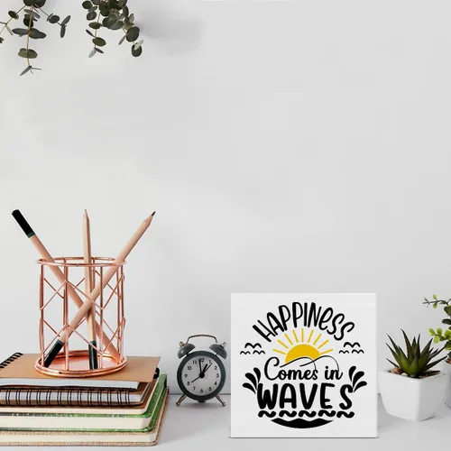 Vista 3 de Letrero de madera con temática de playa, decoración de casa de playa, con texto en inglés «Happiness Comes in Waves», letrero cuadrado de madera