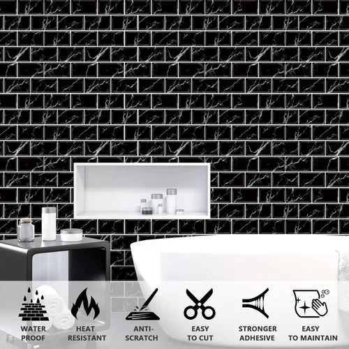 Vista 3 de URCOLOR 10 hojas de adhesivos para loseta en muro de cocina, azulejos autoadhesivos de 12 x 12 pulgadas estilo metro, para loseta en muro de cocina