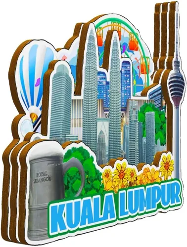 Vista 2 de Imán de nevera con imán de Kuala Lumpur Malasia 3D, monumentos de madera, recuerdos coleccionables, decoración hecha a mano -2509
