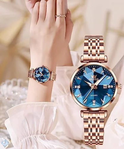 Vista 7 de OLEVS Relojes de mujer Vestido simple Reloj de mujer Reloj de acero inoxidable de oro rosa Reloj impermeable de cuarzo con fecha de lujo