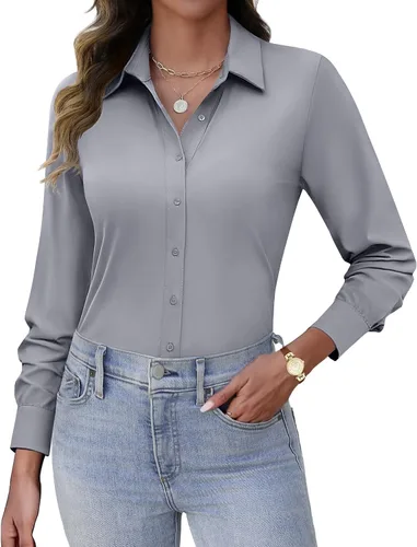 Vista 7 de HOTOUCH Camisas con botones para mujer, de manga larga, elásticas, sin arrugas, blusas de trabajo, ajustadas, para la oficina