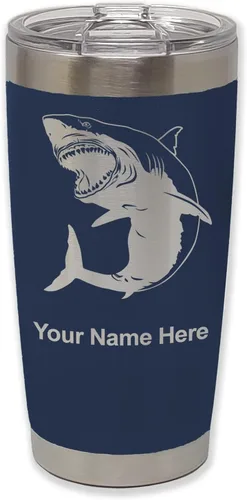 Vista 19 de LaserGram Vaso aislado al vacío de 20 onzas, gran tiburón blanco, grabado personalizado incluido (negro)