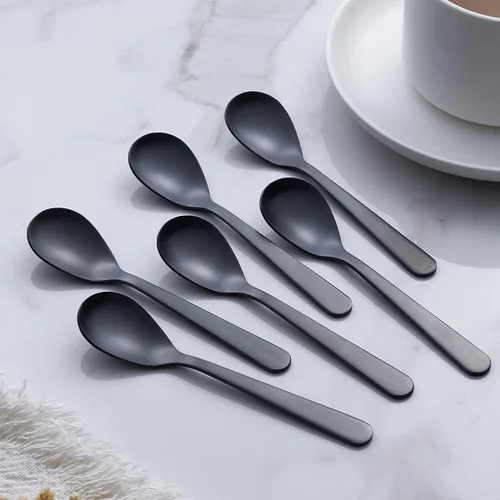 Vista 2 de Cucharas de café expreso Demitasse negro mate, acabado satinado de acero inoxidable, mini cucharaditas, cucharas de azúcar, 4.7 pulgadas, juego de 6