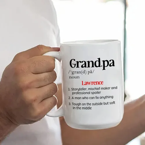 Vista 6 de Taza de café blanca personalizada de 11 onzas, 15 onzas, taza de definición de abuelo, taza de viaje única para abuelo, regalos para cumpleaños