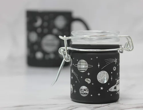 Vista 7 de Frasco hermético de vidrio para almacenamiento de hierbas con tapa de cierre hermético en variedad de diseños (Negro Esmerilado Galaxia)