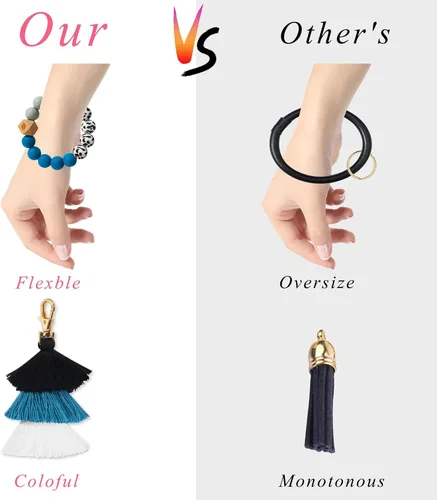 Vista 4 de Bisanzoya Beaded Keychain with Tassel, Silicone Key Ring Bracelet, Cute Boho Car Key Chain Wristlet for Women