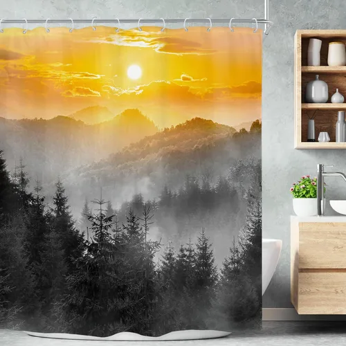 Vista 15 de Riyidecor - Cortina para ducha pequeña de montaña, 36 pulgadas de ancho x 72 pulgadas de alto, para RV, azul marino, con diseño de bosque nebuloso