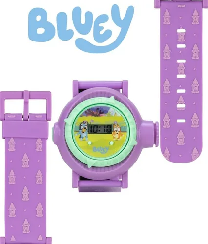 Vista 5 de Bluey - Reloj de proyección para niños con pantalla LCD, 10 divertidas imágenes azules, proyector iluminado, correa de plástico ajustable