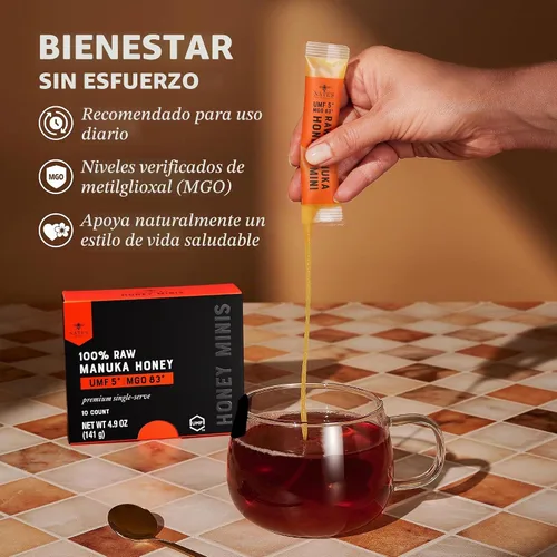 Vista 4 de Nate's Manuka Honey Minis - 10 unidades de una sola porción, miel de manuka pura - MGO 83+ Certificado UMF 5+ - 10 paquetes de una sola porción