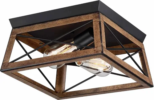 Vista 12 de 1 Light Black Industrial Flush Mount Ceiling Light Fixture - Square Farmhouse Caged Ceiling Light for Closet Kitchen Hallway Porch, E26, Dimmable