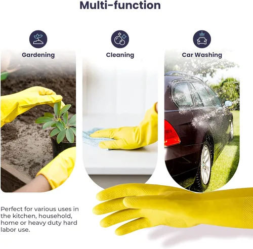 Vista 6 de Guantes para lavar platos, guantes de goma, guantes de cocina amarillos, guantes largos para protección de manos y trabajo