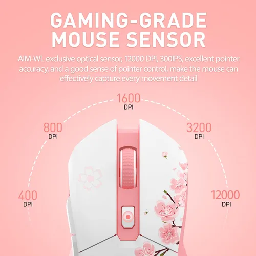 Vista 8 de DAREU Ratón inalámbrico Sakura rosa para juegos con base de carga recargable RGB, DPI de 12K, 6 botones programables con sensor de alta precisión