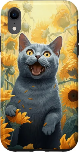 Vista 8 de iPhone 14 divertido gato ruso azul cara con girasol pintura caso