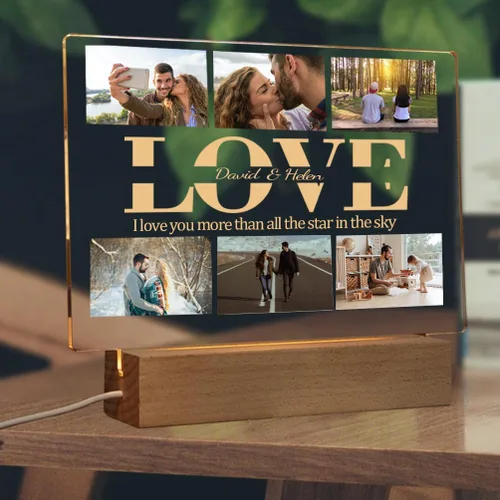 Vista 21 de Placa de acrílico con foto personalizada, regalos para aniversario, San Valentín, cumpleaños, luz nocturna LED personalizable, base de madera