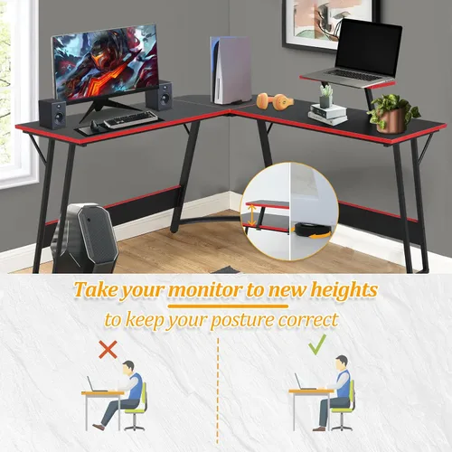 Vista 4 de Escritorio para juegos en forma de L con gran escritorio y espacio de almacenamiento, ideal para estudiar, trabajar y jugar, patas ajustables e Negro
