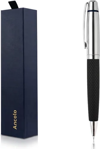 Vista 8 de Ancolo Bolígrafo cromado plateado personalizado, impresionante bolígrafo de lujo con piel sintética, personaliza tu mensaje, nombre. Set de regalo