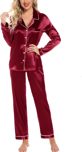 Vista 5 de Leikar Pijama de seda de manga larga para mujer, conjunto de pijama suave con botones