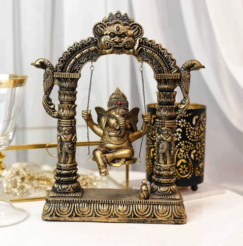 Vista 9 de Ebros 9 pulgadas de alto hindú supremo elefante Dios bebé Ganesha jugando en columpio con rata Mooshika debajo de la estatua patrón de las artes