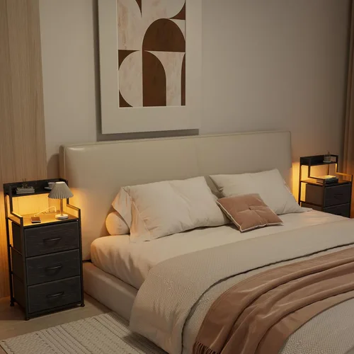 Vista 7 de Mesita de noche alta con luz y estación de carga, mesita de noche con 3 cajones de tela y estante de almacenamiento, mesitas de noche con puertos