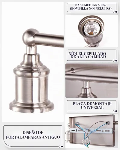 Vista 4 de Lámpara de tocador de 3 luces, moderna lámpara de pared de níquel cepillado, iluminación industrial de pared de tocador de baño para espejo, base