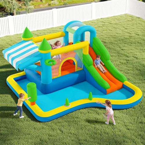 Vista 8 de Albott Inflatable Bounce House Obstacle Course with Blower, for Kids 3-10 Azul océano y verde