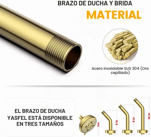 Vista 3 de YASFEL Brazo de Ducha de Oro Cepillado de 6 pulgadas Brazo de Extensión de Ducha Tubo con Brida y Cinta de Teflón para Cabezal de Ducha y Cabezal