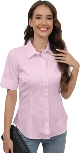Vista 12 de SUNNOW Camisas de manga corta con botones para mujer, básicas, simples, elásticas, sin arrugas, blusas formales de trabajo