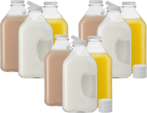 Vista 7 de JoyJolt Botellas de leche de vidrio con tapas y vertedor – 32 onzas, paquete de 3 botellas de vidrio reutilizables, herméticas, sin BPA, de grado