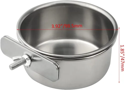 Vista 5 de Paquete de 2 vasos de alimentación de pájaros de acero inoxidable para loros, jaulas de agua con soporte de abrazadera para periquitos, conure