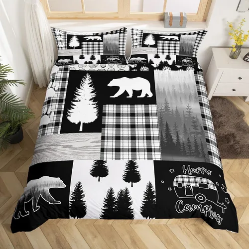 Vista 32 de Funda de edredón de oso de caza, tamaño individual, juego de ropa de cama rústica de animales del bosque para niños y niñas, funda de edredón a Oso