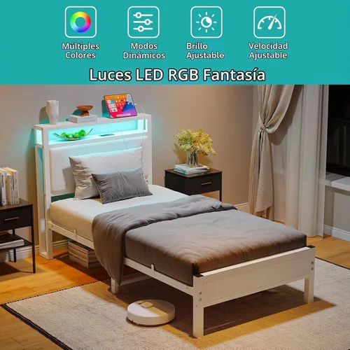 Vista 9 de Base de cama individual con estación de carga y luces LED, cabecera tapizada con estantes de almacenamiento, listones de metal resistentes,