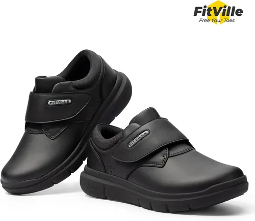 Vista 7 de FitVille Zapatos para diabéticos para hombre, zapatos de cuero extra anchos para caminar para recuperación de Edema con gancho y bucle, zapatos