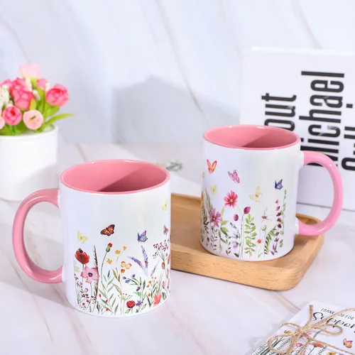 Vista 3 de Whaline 2 tazas de café florales de primavera con asa, 12 onzas, acuarela, flores silvestres, mariposa, taza de cerámica para familiares amigos