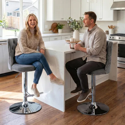 Vista 197 de SoarFlash Juego de 2 taburetes de bar tapizados de terciopelo moderno con patas de madera, botones acolchados, cabeza de clavo cromada, asiento